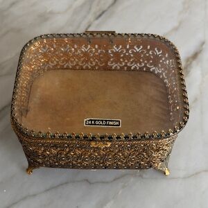 Vintage 24k gold filigree jewelry box glass top